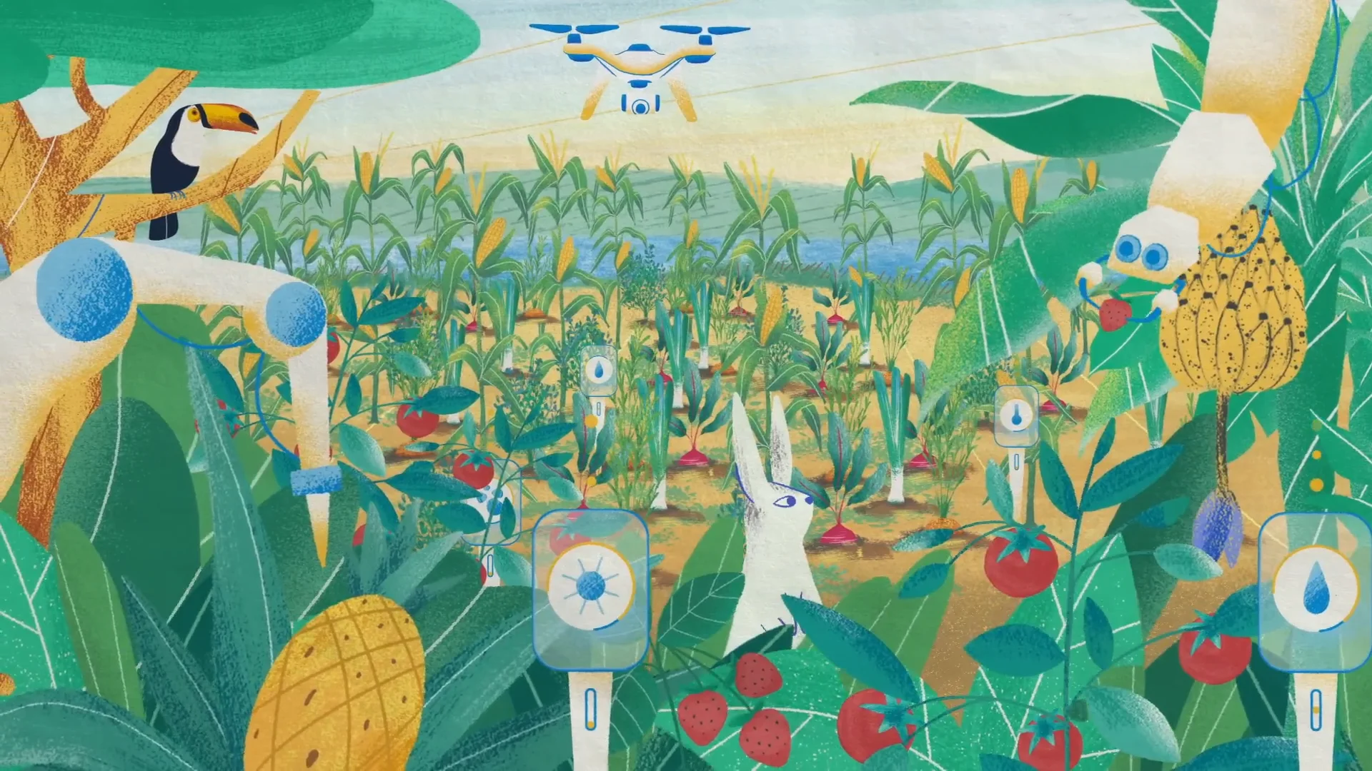 An illustrated landscape of people, farms, forests, and wildlife living together